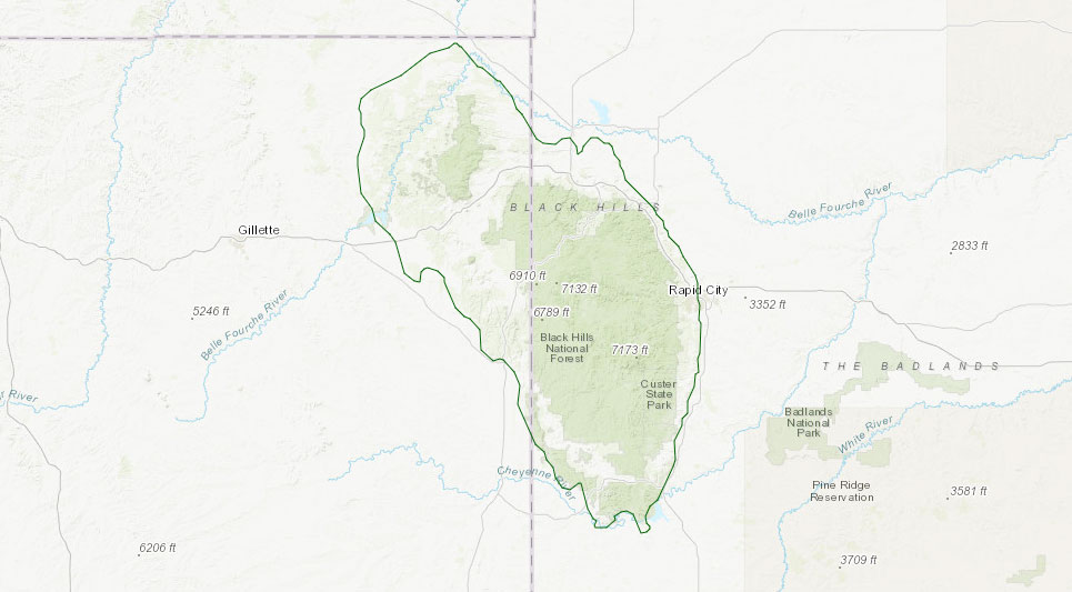 Black Hills subregion outline map